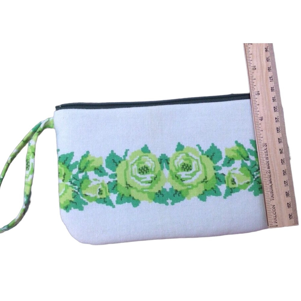 Vintage Fabric Handmade Wristlet Clutch Floral Green Make up Travel Case Bag - Picture 4 of 10